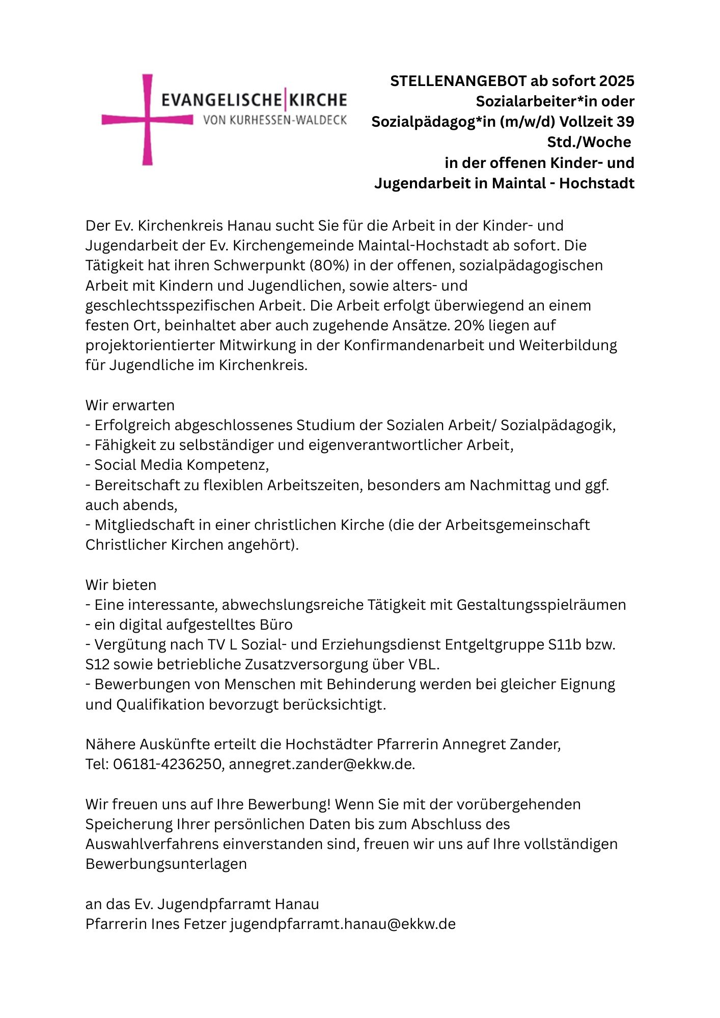 Stellenanzeige: Sozialarbeiter/in Jugendarbeit, Ev. Kirche Hanau.